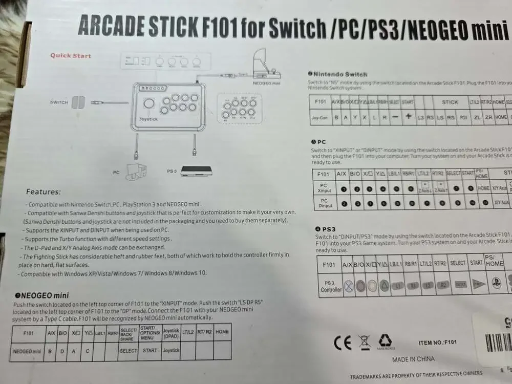 Mayflash Arcade Stick F101 for Nintendo Switch, PC, PS3, Android, Neogeo mini, S